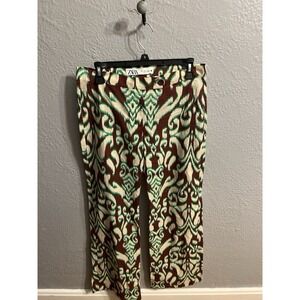 Zara Women Straight Leg Brown Green Geometrics Printed Pants Size Small
